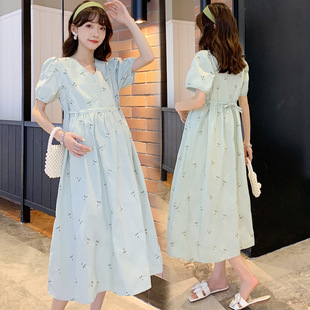 Maternity 2022 Summer New Sweet Fashion V-neck Embroidered Loose Midi Pregnant Women Dress
