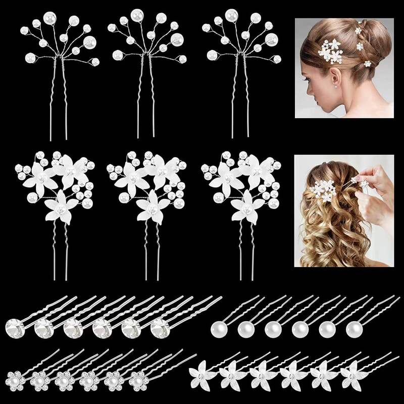 真珠のu型のヘアピンのヘアピンのビーズの花の髪とフォークの髪のドリルの花嫁の髪の花のフォークのu型のヘアピンの女性|undefined