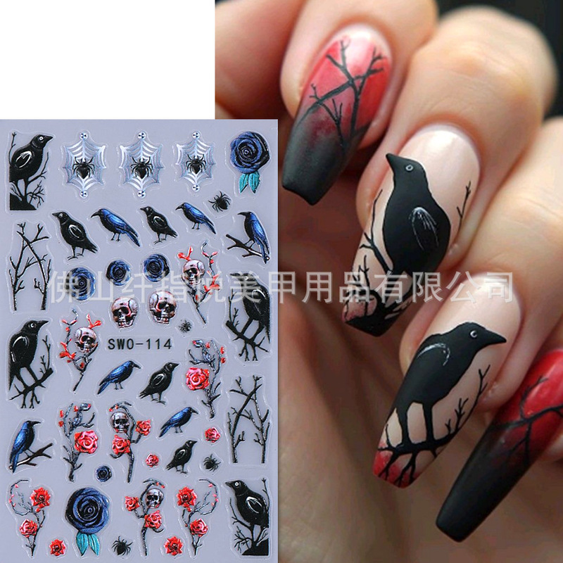 Cross-Border New Halloween Nail Art Stickers Wholesale Ins Dark Rose Skull Bird Spider Web Nail Stickers