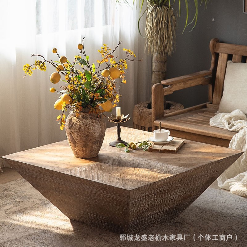 新款民宿复古简约桌子客厅做旧方形茶几小户型诧寂风老榆木木