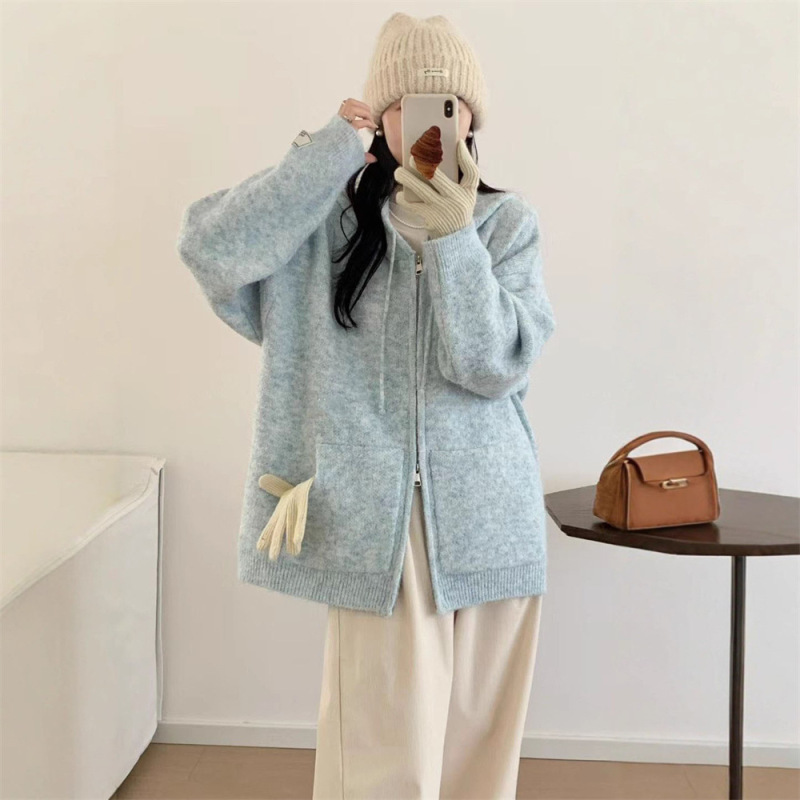 软糯连帽拉链毛衣开衫外套女秋冬新款宽松慵懒风加厚休闲针织上衣|undefined
