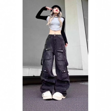 外贸多口袋复古阔腿牛仔裤男重工美式街头hiphop嘻哈工装直筒裤子