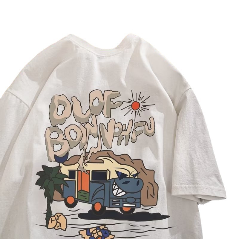 American retro ins marca de moda de dibujos animados de manga corta Camiseta de los niños de verano suelta hip hop High Street pareja desgaste camiseta de media manga