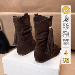现货牛皮版~内增高勃肯短靴女新款复古圆头西部显瘦流苏马丁靴子