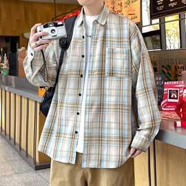 春秋款格子衬衫男孩初中高中学生长袖衬衣外套青少年大童宽松上衣