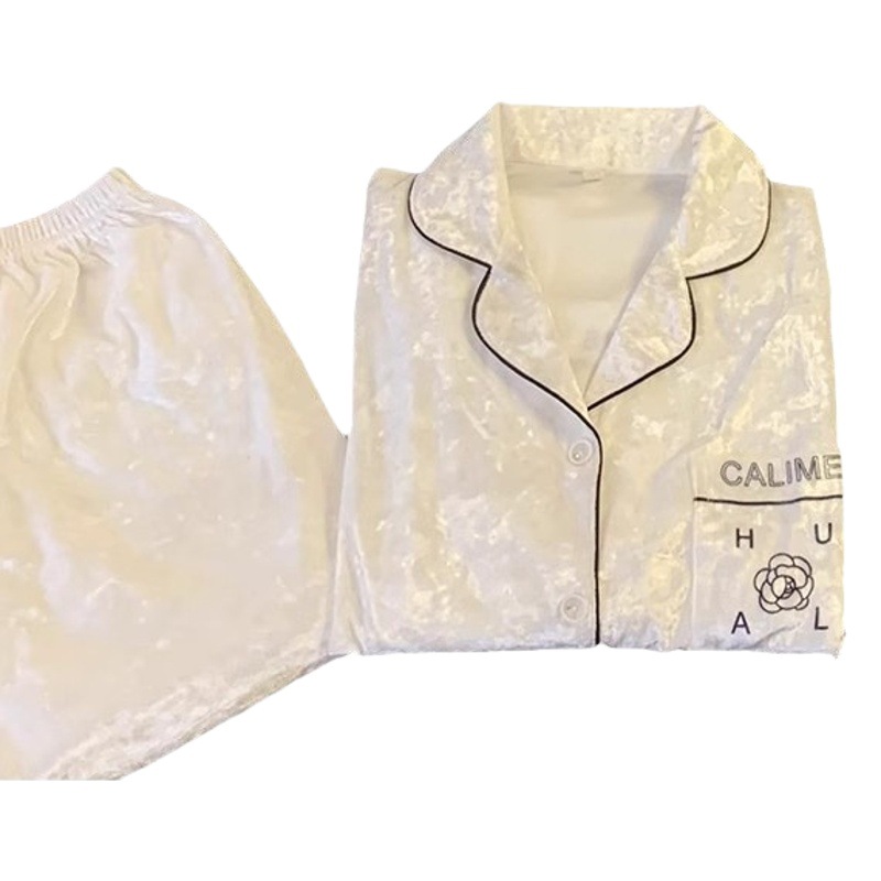 Pareja de pijamas de primavera y otoño de terciopelo dorado de manga larga de mujer de alto grado Camelia 2023 nuevos hombres de invierno homewear