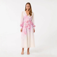 亚马逊跨境2025春季新款气质优雅印花V领单排扣系带连衣裙长裙