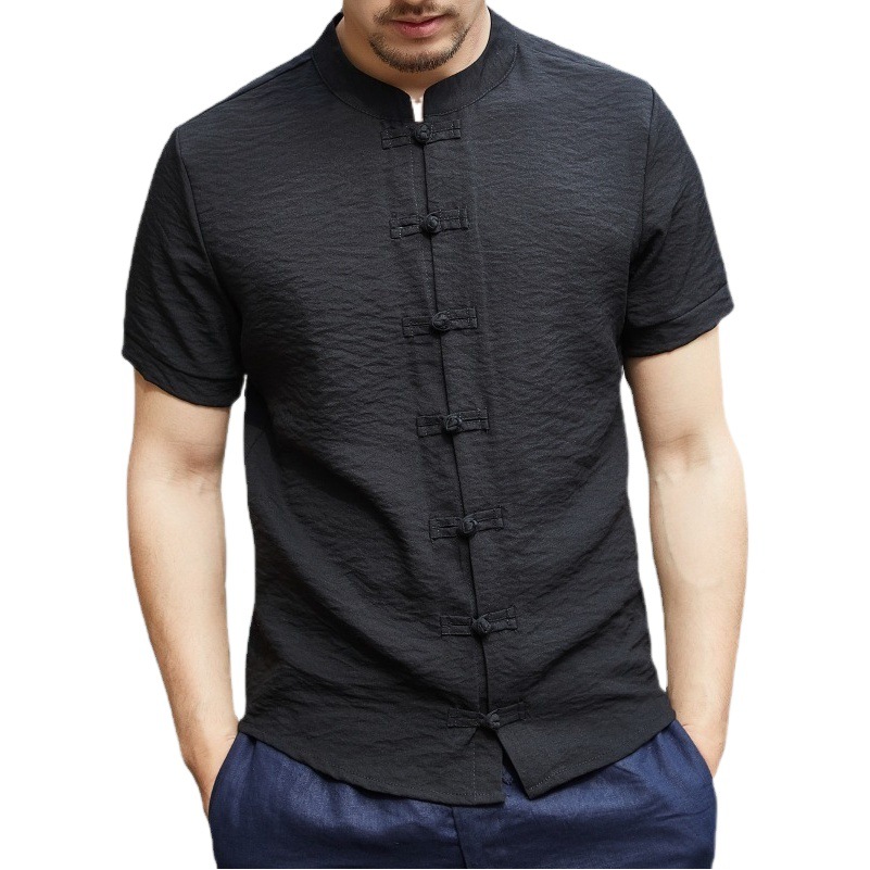 2023 Verano nuevo estilo chino camisa de color sólido hebilla de los hombres collar Delgado SLIM-Fit camisa de manga corta más el tamaño de los hombres