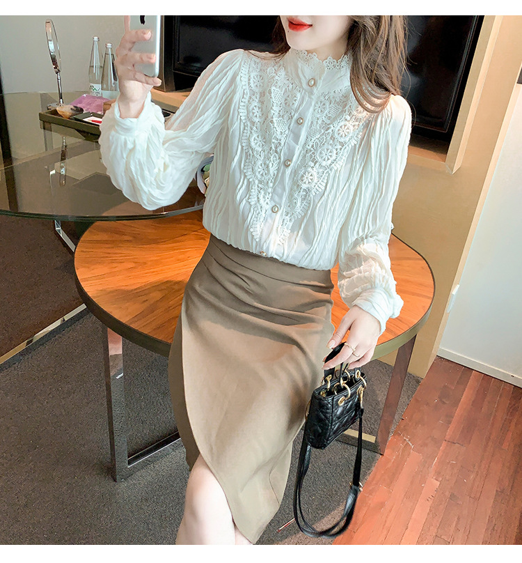 2022 Autumn/Winter new style fleece high-neck lace shirt chiffon shirt top, elegant base layer, fairy pic 11