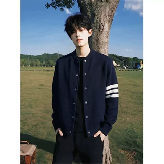 藏青色条纹针织衫外套男秋季美式复古学院风开衫毛衣情侣痞帅夹克