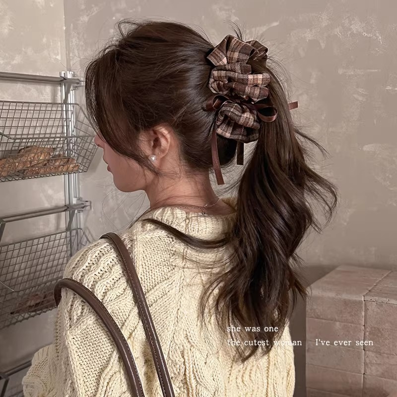 40# mocha plaid bow ribbon banana clip - 11cm