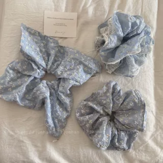 韩国天空蓝刺绣花朵肥肠圈甜美低马尾皮筋发圈超大号方巾珍珠发饰