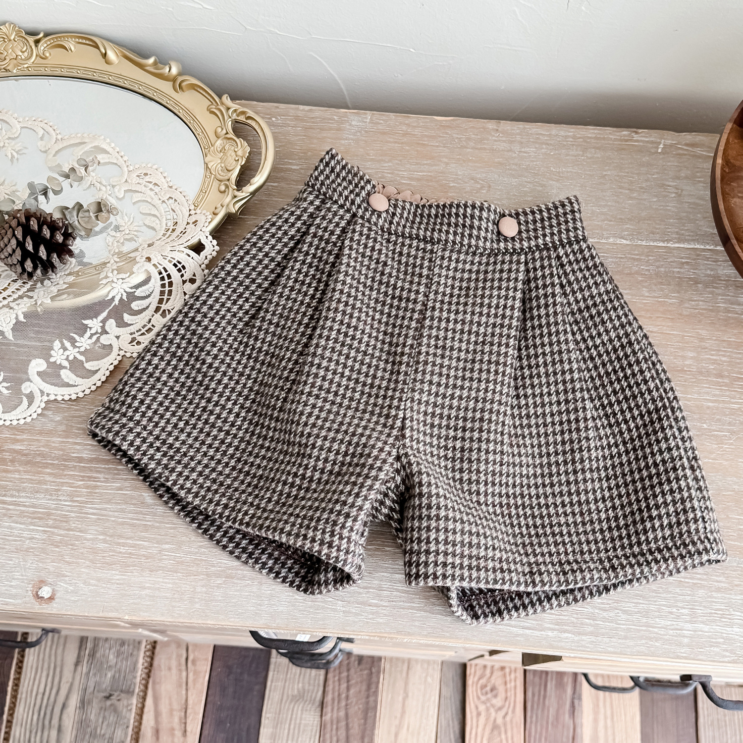 25秋冬新款女童毛呢格子短裤外贸儿童千鸟格短裤英伦格子女童靴裤