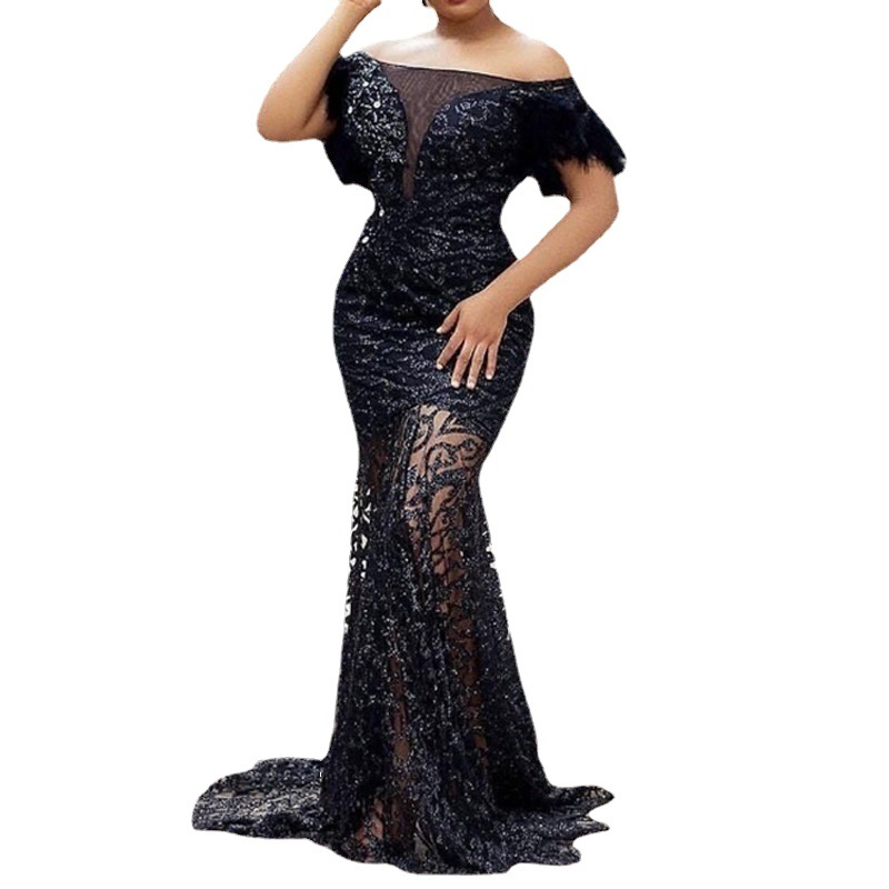 One-shoulder Sequin Slimming Buttock Wrapped Mermaid Evening Dress