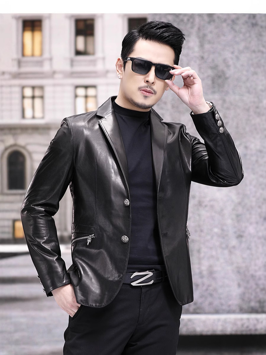 Kişi üçün nazik dəri gödəkçə, keçi dərisindən, slim fit