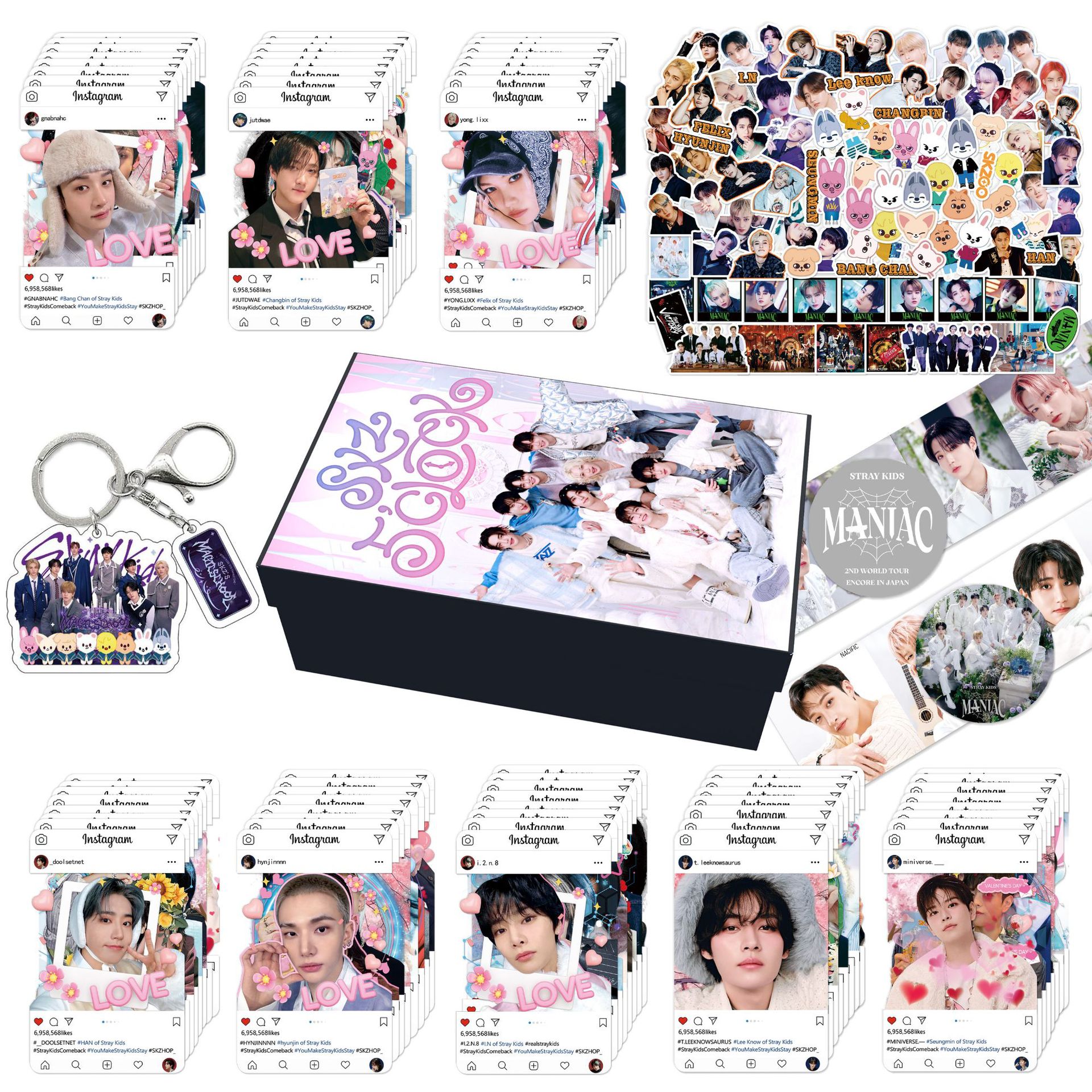 Set de tarjetas adhesivas y llavero de StrayKids, mercancía de dibujos animados de Hwang Hyunjin, cordón para el cuello