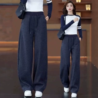 格子毛呢弯刀裤女2026秋冬季新款超火加绒加厚裤子休闲直筒拖地裤
