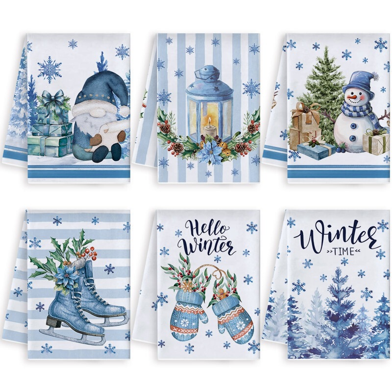 Cross-border towel wholesale, customizable label towels, kitchen dish towels, blue Christmas print napkin set Cross-border towel wholesale, customizable label towels, kitchen dish towels, blue Christmas print napkin set