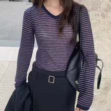 现25秋款 Mohhe 韩国东大门代购女 洋气百搭经典条纹微透针织衫