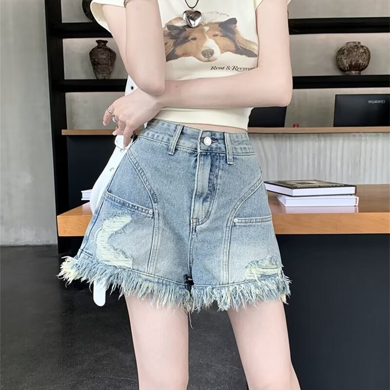 Denim Shorts Women's American-style Retro Small High Waist Summer New Slimming Design Sense Ripped Burr Short Pants