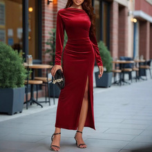 亚马逊跨境欧美女装2025秋冬新款气质优雅开叉礼服纯色长袖连衣裙