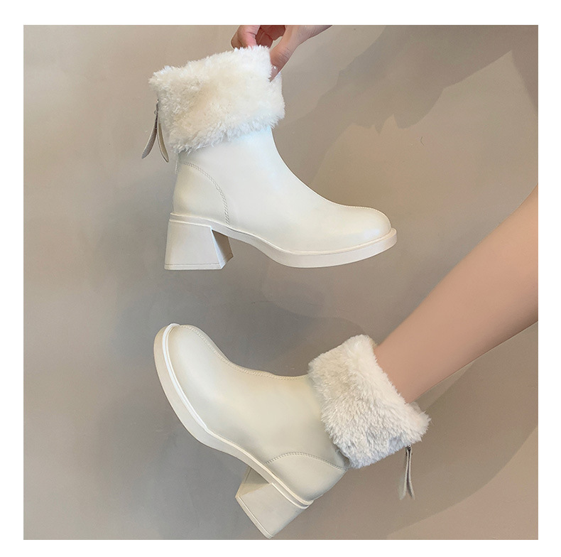 Women’s White Ankle Boots With Velvet Lining And Block Heels_voghion.com