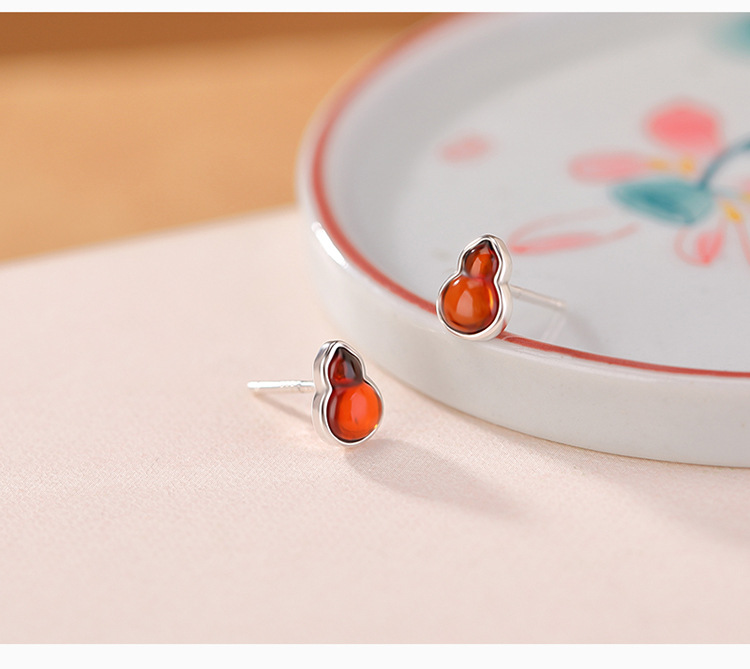 Bông tai bạc S925 mạ vàng hình hươu đính hổ phách máu cổ điển — Kiểu màu bạc chi tiết 4