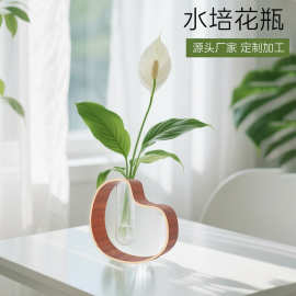 跨境创意胡桃木透明玻璃小花瓶日系治愈鲜花水养花插迷你实木桌面