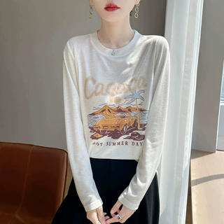 夏季新款女圆领彩绘长袖薄款百搭休闲时尚修身显瘦内搭上衣针织衫