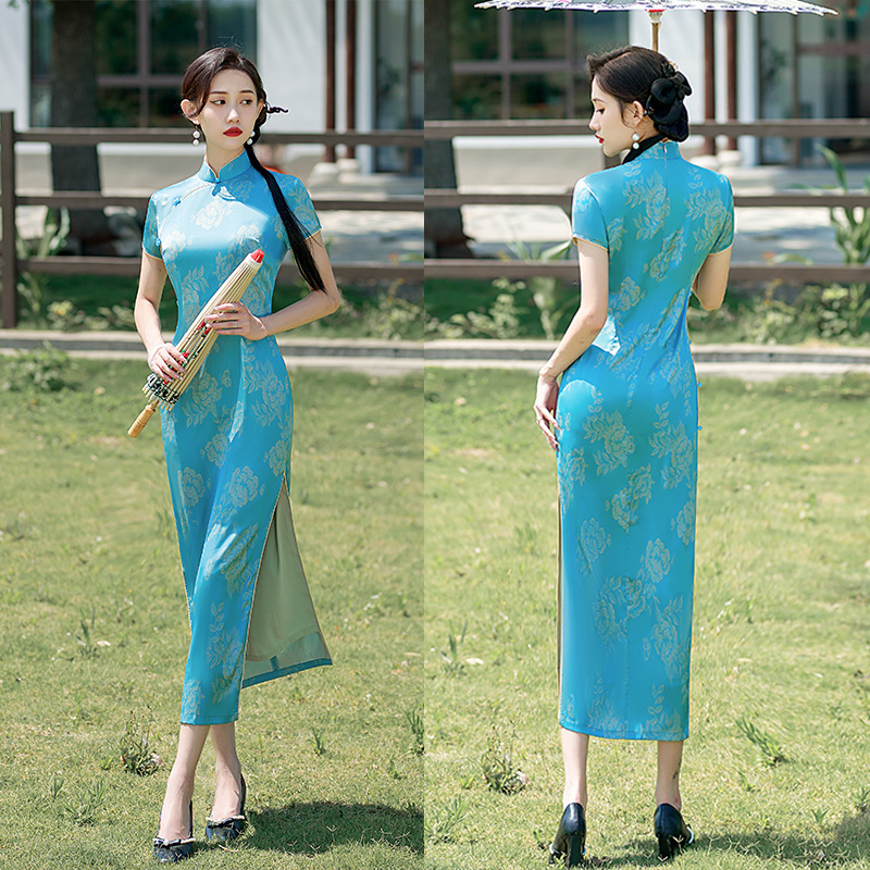 新款中国风复古短袖连衣裙长款花罗缎印花修身高开叉气质改良旗袍