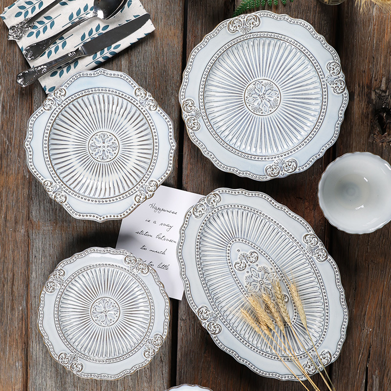 Ceramic Plate Household Dinner Plate French Dishes suit Nordic Creative Western-style Steak Embossed Tableware