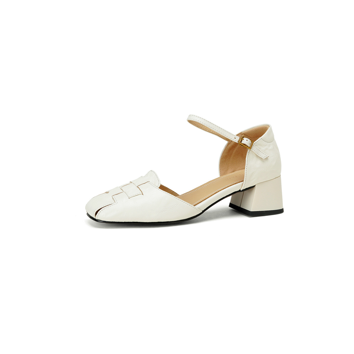 Sandal nữ da dê bện mũi kín quai ngang gót vuông trung bình — đen chi tiết 24