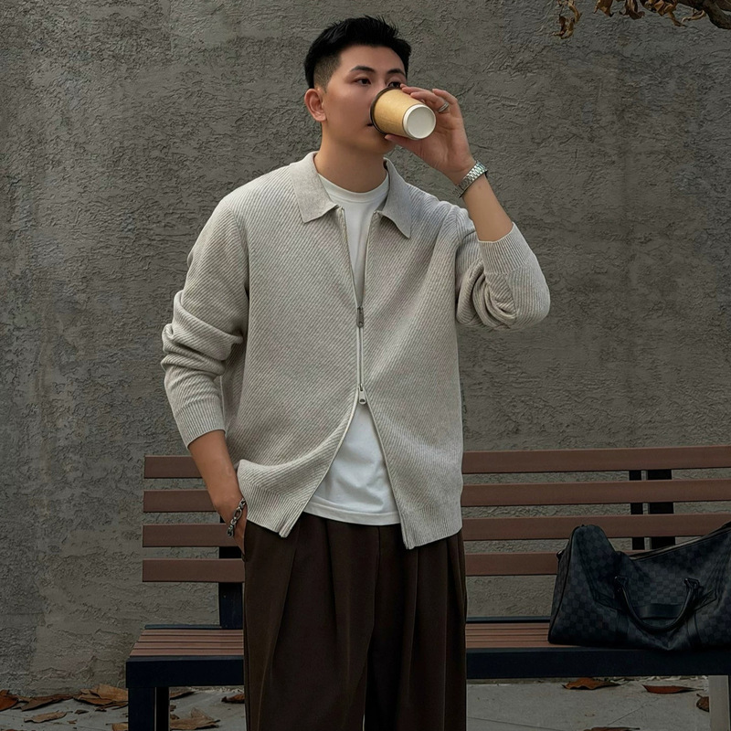 Factory Old Money Textured Stylish Zipper Collar Cardigan for Men, Autumn and Winter Casual Skin-Friendly Warm Sweater Jacket Factory Old Money Textured Stylish Zipper Collar Cardigan for Men, Autumn and Winter Casual Skin-Friendly Warm Sweater Jacket