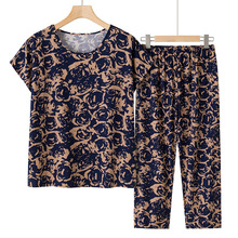 奶奶夏装套装中老年女短袖绵绸两件套衣服妈妈套头上衣老年人上衣