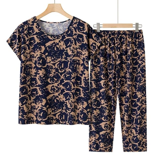 奶奶夏装套装中老年女短袖绵绸两件套衣服妈妈套头上衣老年人上衣