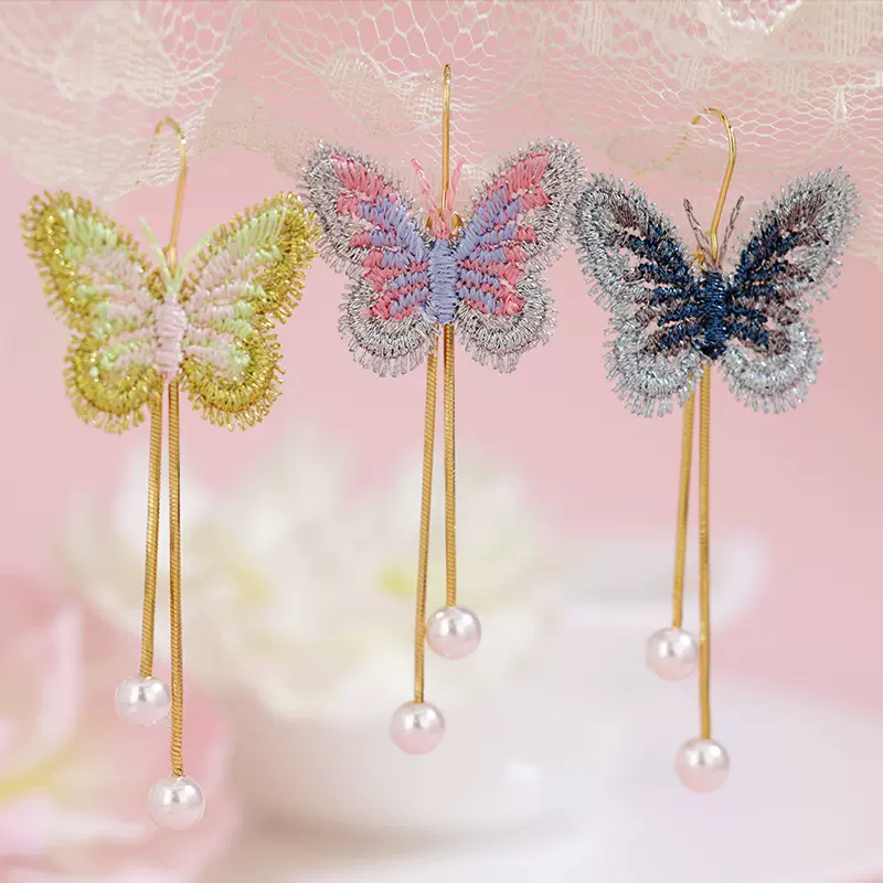 设计感渐变刺绣蝴蝶耳坠汉服古装耳饰复古气质长款珍珠女耳环批发