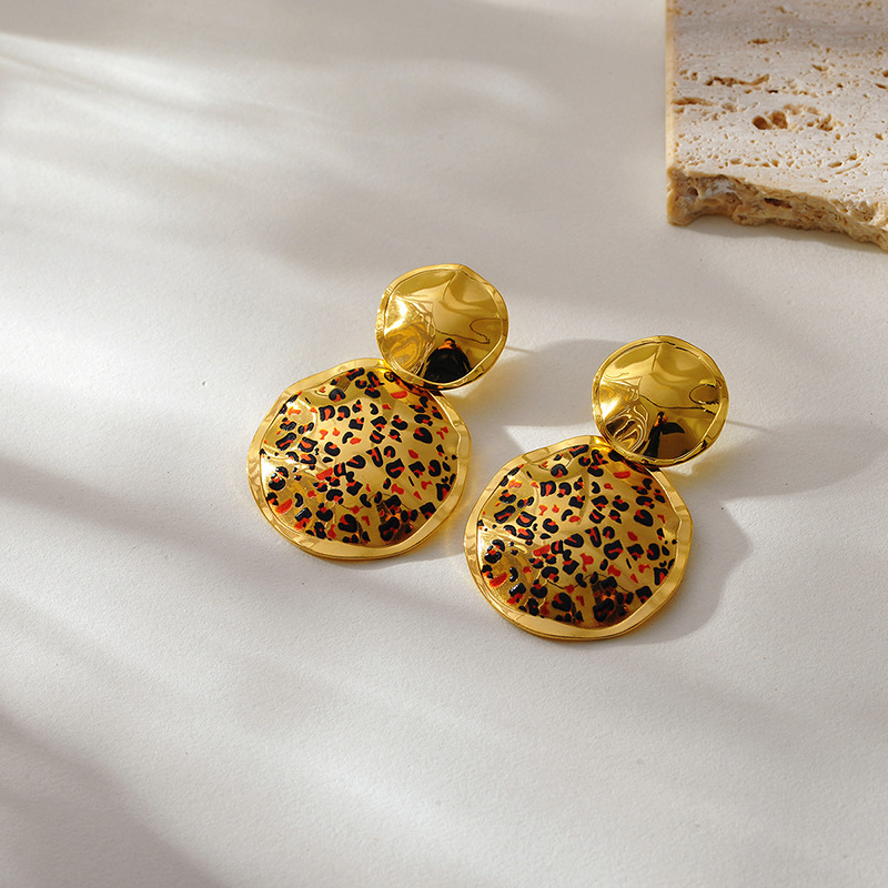 歐美復古不鏽鋼保色豹紋耳釘女輕奢小眾18k鍍金幾何耳環耳飾批發
