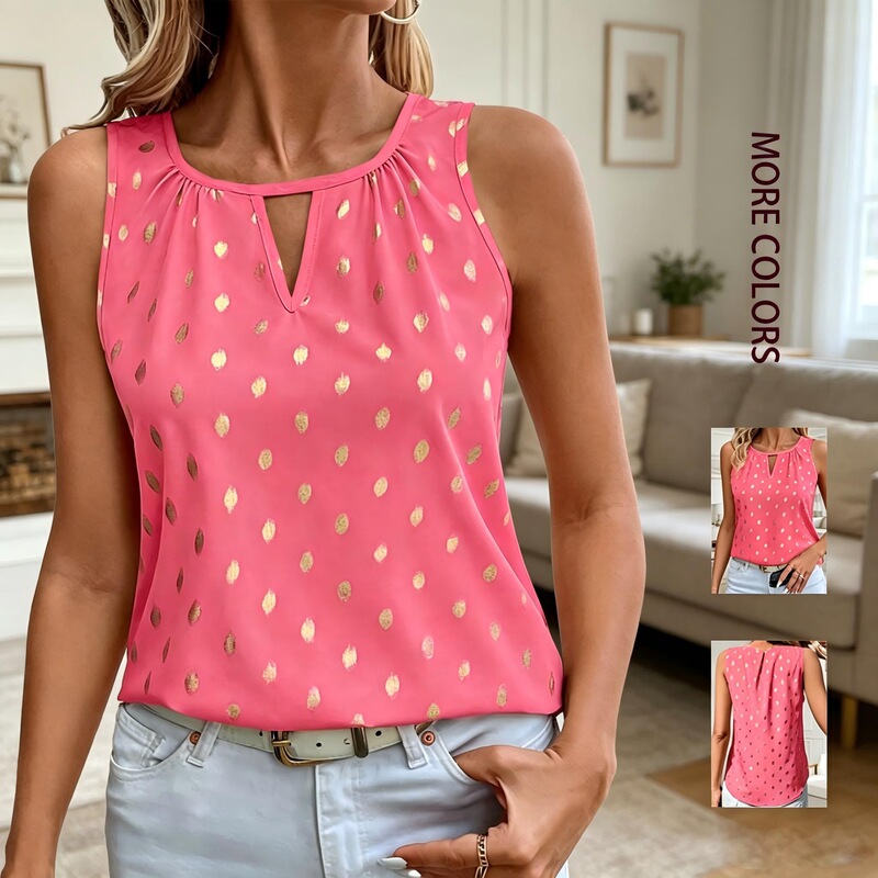 2026 Summer New European and American Style Amazon Gold-Stamped Polka Dot Pleated Slimming Versatile Fresh Hollow-Out Round Neck Tank Top 2026 Summer New European and American Style Amazon Gold-Stamped Polka Dot Pleated Slimming Versatile Fresh Hollow-Out Round Neck Tank Top