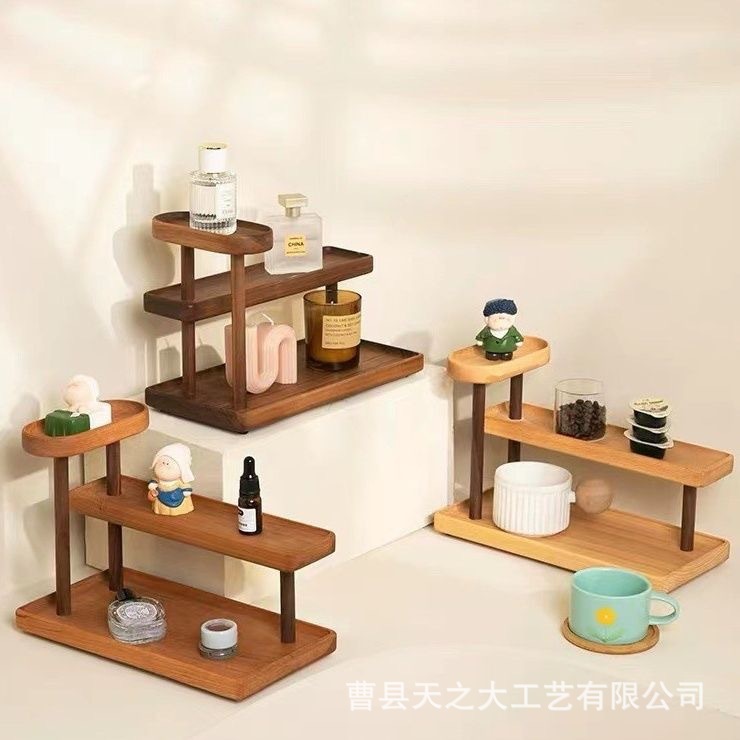 木製デスクトップレゴ人形棚化粧品香水収納棚実木二重ケーキデザート展示棚|undefined