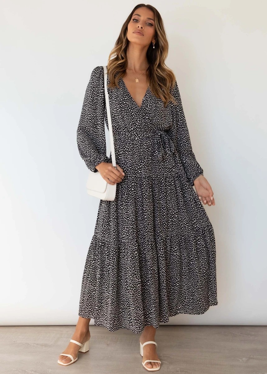 women s V-neck long-sleeved printing big pleated dress nihaostyles clothing wholesale NSXPF72458