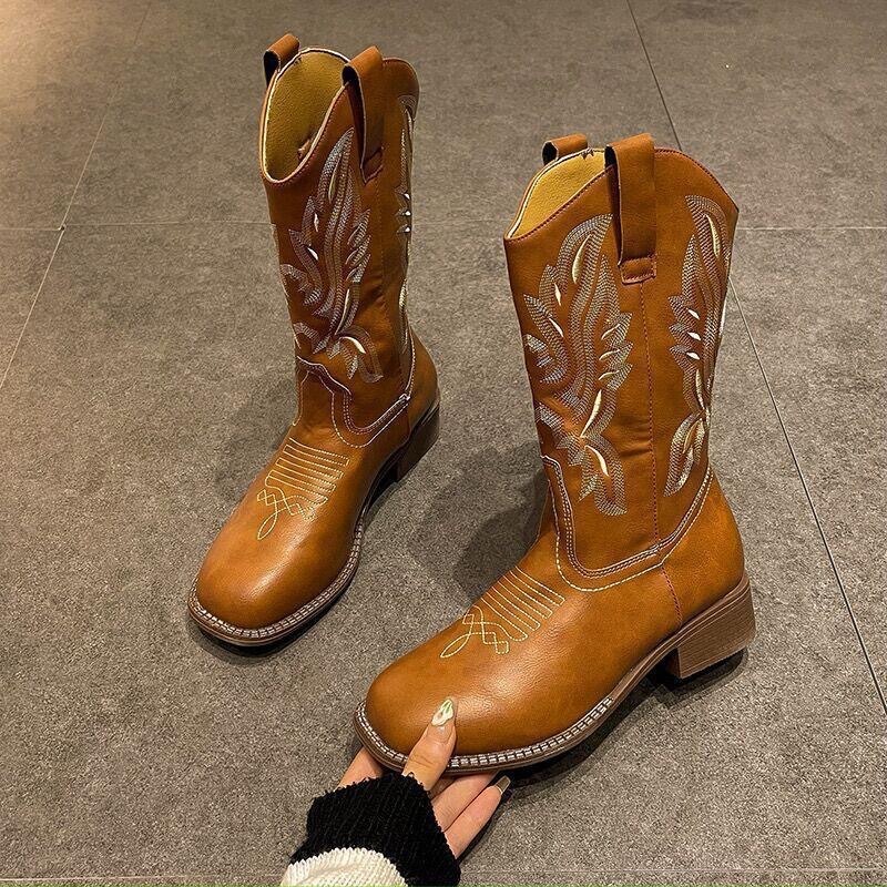 Retro Western Cowboy Boots for Women, Maillard Summer 2025 New Mid-Calf Short Boots, Riding Boots