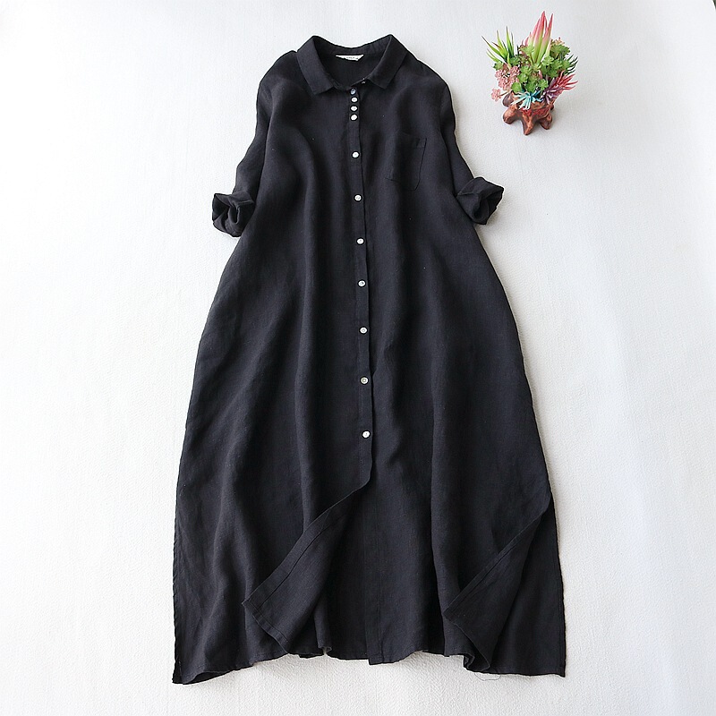 Black Linen Japanese Foreign Trade Shirt Dress dress Cardigan Solid Color Summer Dress Artistic Seven-sleeve Women