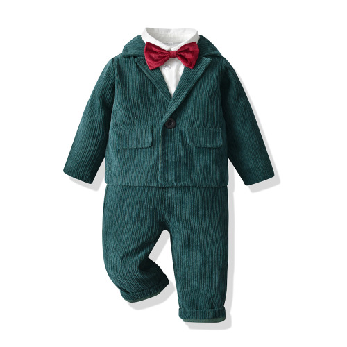 Autumn Corduroy Children's Set Trendy Long-Sleeve Solid Color Jacket Bow Tie Cotton Shirt Korean Style Children's Pants Three-Piece Set