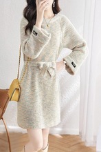 针织连衣裙女中长款秋冬季毛衣裙慵懒风长款毛衣女宽松系带针织衫