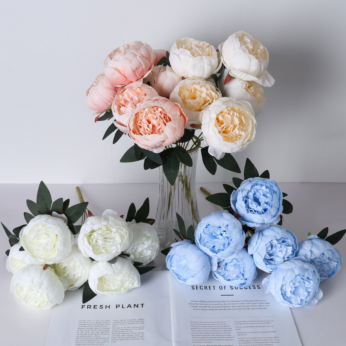 Simulación de 7 cabezas núcleo de peonía peonía flores de boda hotel decoración de flores de pared ornamentos ramo de flores de mano