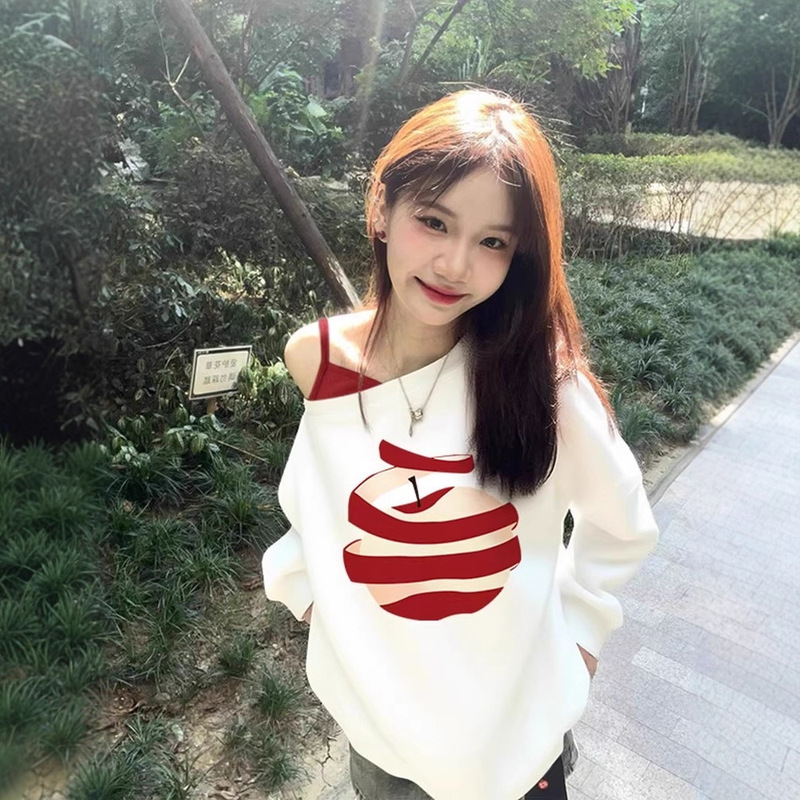 Apple Print Off-Shoulder Sweatshirt for Women, Spring and Autumn Thin Style, Trendy Lazy Design, Niche Loose Top, Versatile and Trendy