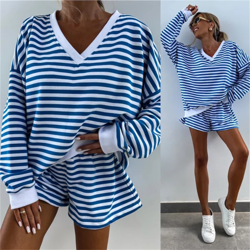 Amazon Summer New Women's Casual Stripesd Suit Long-Sleeved V Neck Loose Top Sports Shorts 2-Piece Set for Women