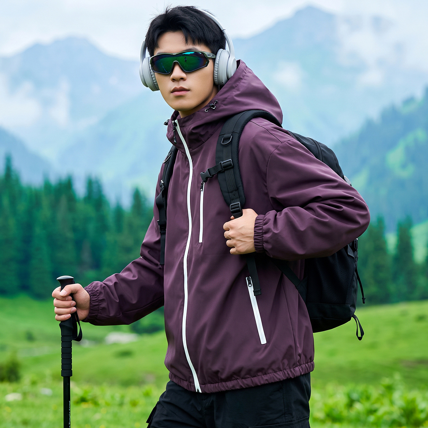 Plus-size high-end spring and autumn outdoor softshell men's casual hooded jacket with colorful zippers and contrasting colors