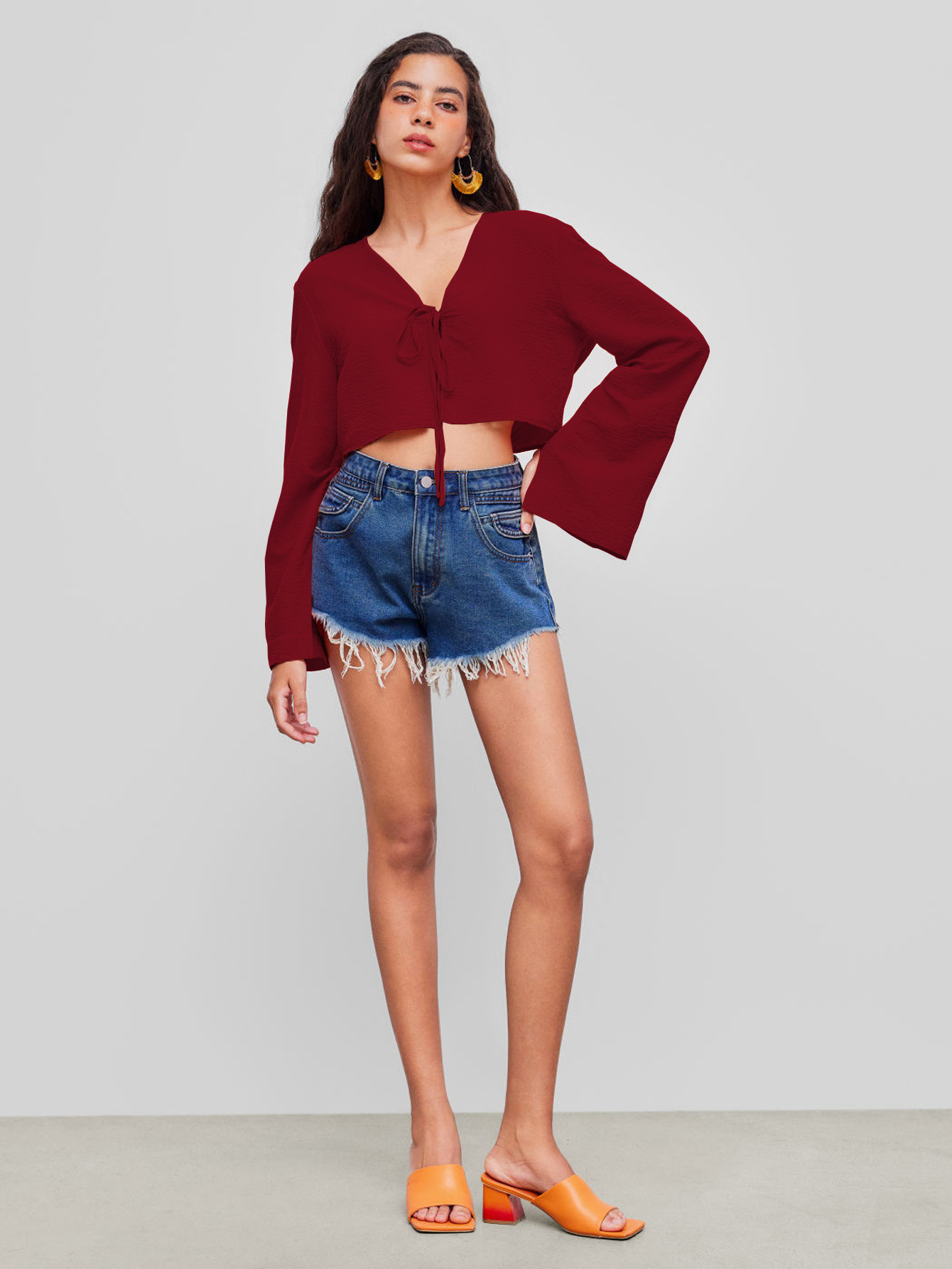Voya 2026 Sexy V-neck T-shirt With Spring And Summer Chest Tie, Niche Burgundy Cardigan Top, Women's Clothing_ecoleips.com