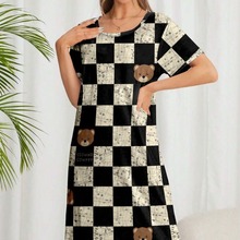 新款短袖情人节情侣装格子熊连衣裙休闲宽松外贸跨境夏季欧美睡衣